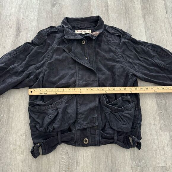 FREE PEOPLE Jacket Women's Small Black Linen Military Bomber Jayde Safari - Picture 6 of 6